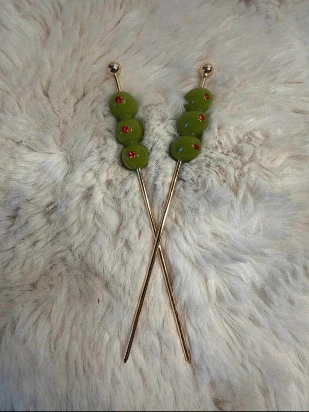 Martini mid century modern Green Olive Bead Hair Stick Pair - Women Jewelry